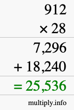 How to calculate 912 times 28 using long multiplication