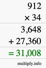 How to calculate 912 times 34 using long multiplication