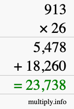 How to calculate 913 times 26 using long multiplication