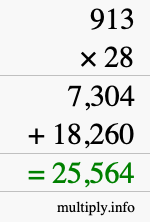 How to calculate 913 times 28 using long multiplication