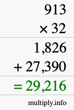 How to calculate 913 times 32 using long multiplication
