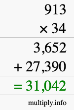 How to calculate 913 times 34 using long multiplication