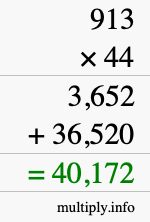 How to calculate 913 times 44 using long multiplication