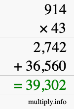 How to calculate 914 times 43 using long multiplication