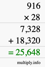 How to calculate 916 times 28 using long multiplication