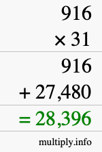 How to calculate 916 times 31 using long multiplication