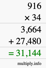 How to calculate 916 times 34 using long multiplication