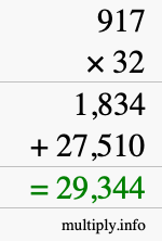 How to calculate 917 times 32 using long multiplication