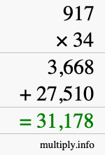How to calculate 917 times 34 using long multiplication