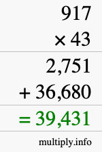 How to calculate 917 times 43 using long multiplication