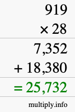 How to calculate 919 times 28 using long multiplication