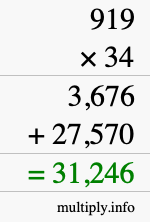 How to calculate 919 times 34 using long multiplication