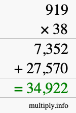 How to calculate 919 times 38 using long multiplication