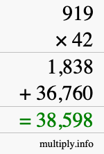 How to calculate 919 times 42 using long multiplication