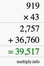 How to calculate 919 times 43 using long multiplication