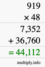 How to calculate 919 times 48 using long multiplication