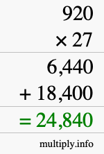 How to calculate 920 times 27 using long multiplication