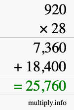 How to calculate 920 times 28 using long multiplication
