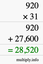 How to calculate 920 times 31 using long multiplication