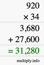 How to calculate 920 times 34 using long multiplication