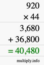 How to calculate 920 times 44 using long multiplication