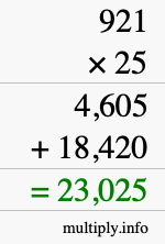 How to calculate 921 times 25 using long multiplication