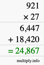 How to calculate 921 times 27 using long multiplication