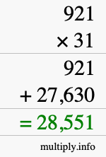 How to calculate 921 times 31 using long multiplication