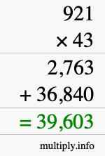 How to calculate 921 times 43 using long multiplication