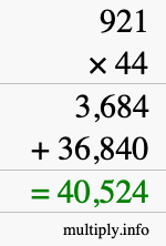 How to calculate 921 times 44 using long multiplication