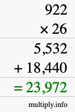 How to calculate 922 times 26 using long multiplication