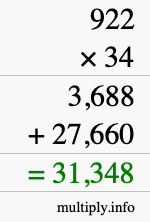 How to calculate 922 times 34 using long multiplication