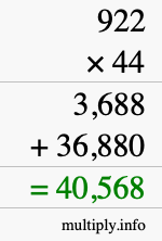 How to calculate 922 times 44 using long multiplication