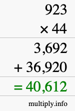 How to calculate 923 times 44 using long multiplication