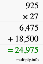 How to calculate 925 times 27 using long multiplication