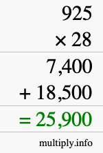 How to calculate 925 times 28 using long multiplication