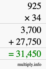 How to calculate 925 times 34 using long multiplication