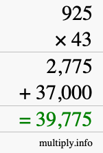 How to calculate 925 times 43 using long multiplication