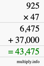 How to calculate 925 times 47 using long multiplication