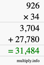 How to calculate 926 times 34 using long multiplication