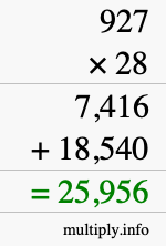 How to calculate 927 times 28 using long multiplication