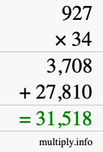 How to calculate 927 times 34 using long multiplication