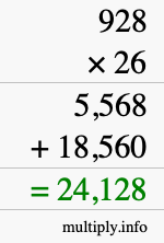 How to calculate 928 times 26 using long multiplication