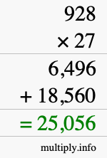 How to calculate 928 times 27 using long multiplication
