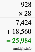 How to calculate 928 times 28 using long multiplication