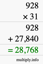 How to calculate 928 times 31 using long multiplication