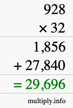 How to calculate 928 times 32 using long multiplication