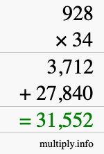 How to calculate 928 times 34 using long multiplication