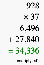 How to calculate 928 times 37 using long multiplication