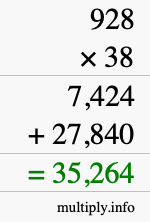How to calculate 928 times 38 using long multiplication
